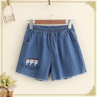 Embroidered Fray Hem Denim Shorts