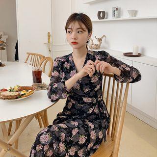 Surplice-wrap Long Floral Chiffon Dress