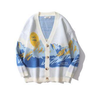 Lettering Scenery Print V-neck Cardigan