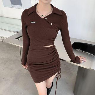 Long-sleeve Asymmetrical Button Cutout Drawstring Ruched Knit Dress