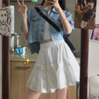 Puff-sleeve Cropped Denim Jacket / Lace Trim Camisole Top / Tiered Mini A-line Skirt