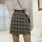 High Waist Plaid Slit Skirt