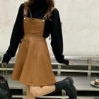 Faux Leather Mini A-line Pinafore Dress / Plain Sweater