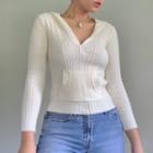 Long Sleeve V-neck Cable-knit Hooded Sweater