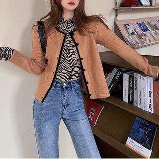 Contrast Trim Cardigan / Long-sleeve Zebra Print Top