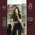 Short-sleeve Plaid Cropped Shirt / Wide Leg Jeans / Grommet Belt / Set
