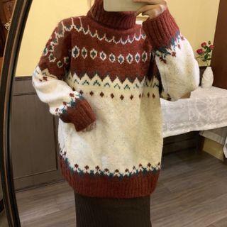 Long-sleeve High-neck Printed Knit Sweater (various Designs)