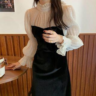 Puff-sleeve Paneled Midi A-line Dress Black & Beige - One Size