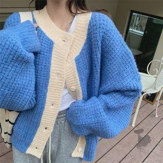 Contrast Trim Loose-fit Cardigan Blue - One Size