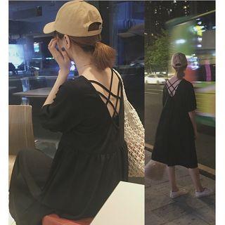 V-neck Open-back Strap Short-sleeve Dress Black - Xxxs