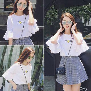 Set: Short-sleeve Ruffle Printed Top + Gingham Skirt