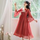 Bell-sleeve Mesh Midi A-line Dress