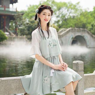 Set: Short-sleeve Embroidered Chiffon Dress + Spaghetti-strap Top