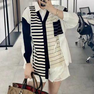 Two-tone Striped Cardigan Black - One Size