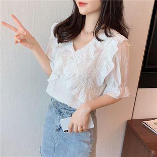 Short Sleeve V-neck Plain Ruffled Blouse