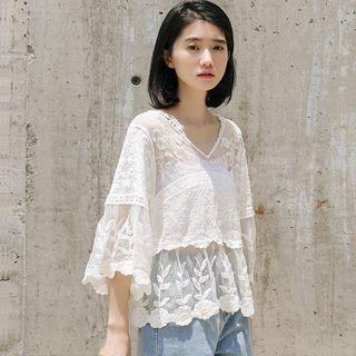 Bell-sleeve Lace Blouse Almond White - One Size