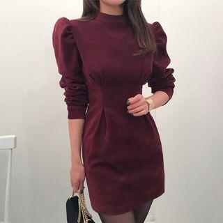 Mock-neck Puff-shoulder Mini Sheath Dress