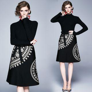 Long-sleeve Mock-neck Embroidered A-line Knit Dress