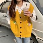 Flower Detail Button-up Sweater Vest / Eyelet Lace Blouse