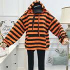 Loose-fit Dolman-sleeved Striped Hooded Pullover