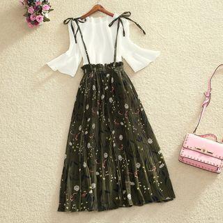 Bell Elbow-sleeve T-shirt / Printed Suspender Skirt / Set: Bell Elbow-sleeve T-shirt + Printed Suspender Skirt
