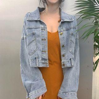 Spaghetti Strap Midi A-line Dress / Cropped Washed Denim Jacket