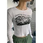 Illustrated Pintuck Cropped T-shirt
