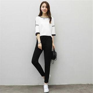 Set: Elbow-sleeve Contrast Trim Top + Drawstring Waist Pants