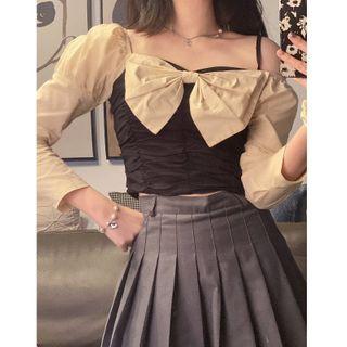 Long-sleeve Asymmetric Shoulder Two Tone Tie Accent Shirred Blouse As Shown In Figure - One Size