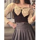 Long-sleeve Asymmetric Shoulder Two Tone Tie Accent Shirred Blouse As Shown In Figure - One Size