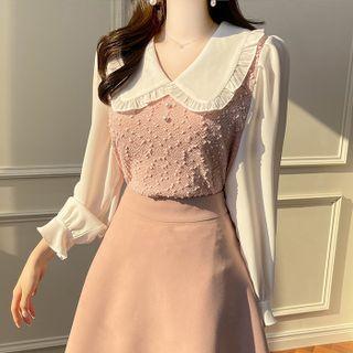 Nubby-knit Panel Crepe Blouse