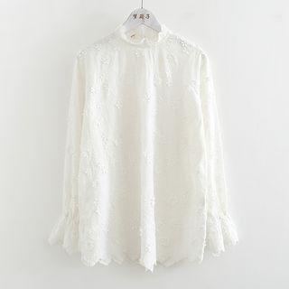 Long-sleeve Floral Embroidery Top White - One Size