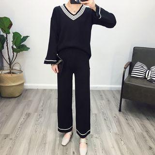Set: V-neck Knit Top + Knit Wide-leg Pants