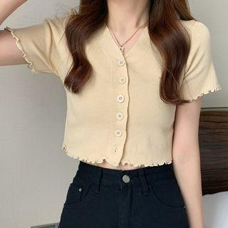 Short-sleeve Wood Ear Trim V-neck Cardigan