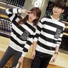 Couple Matching Lettering Applique Striped Pullover