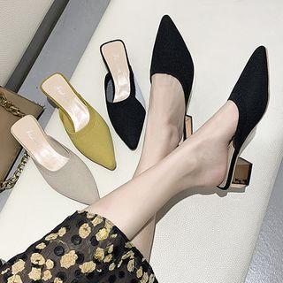 Fabric Pointed Block Heel Slide Pumps