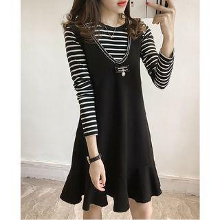 Set: Striped 3/4 Sleeve T-shirt + Faux Pearl Pinafore Dress