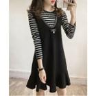 Set: Striped 3/4 Sleeve T-shirt + Faux Pearl Pinafore Dress