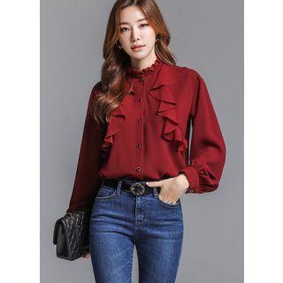 Frill-neck Balloon-sleeve Ruffled Blouse