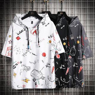 Elbow-sleeve Graffiti Print Hoodie