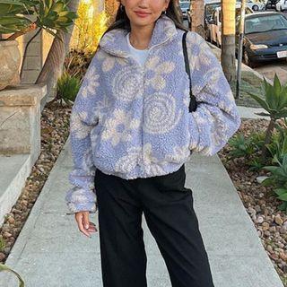 Printed Zip-up Shearling Long Sleeve Jacket