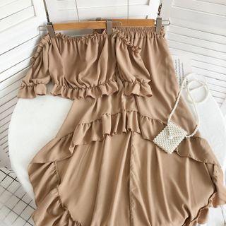 Set: Off-shoulder Cropped Blouse + Asymmetrical A-line Skirt