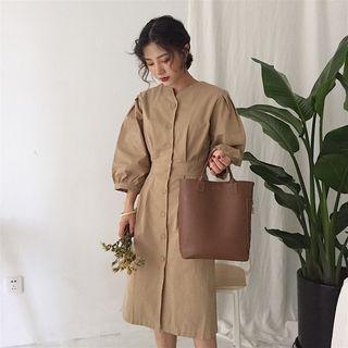 Buttoned 3/4-sleeve A-line Midi Dress