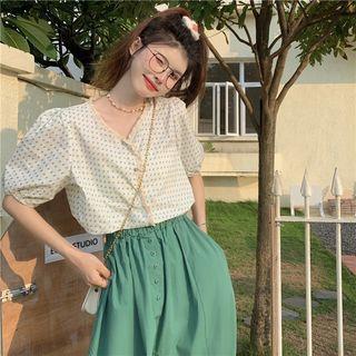 Puff-sleeve V-neck Lace Trim Panel Floral Top Almond - One Size