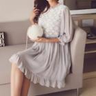 3/4-sleeve Ruffle Trim A-line Dress