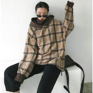 Mock Two-piece Turtleneck Plaid Hoodie Khaki - One Size