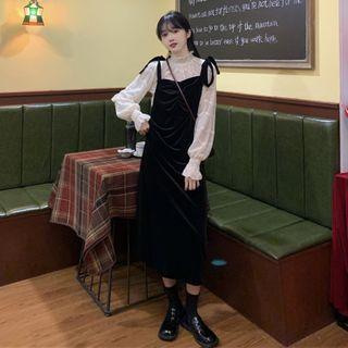 Long-sleeve Lace Top + Velvet Spaghetti Strap Dress