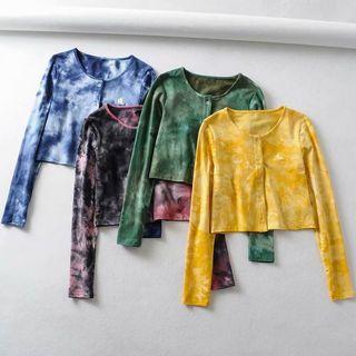 Long-sleeve Tie-dye Buttoned T-shirt