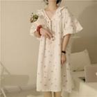 Elbow-sleeve Peach Print Sleep Dress White - One Size