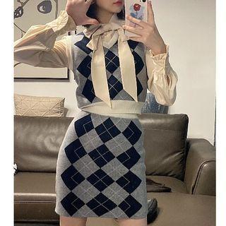 Argyle Knit Vest / Mini Skirt / Tie Neck Blouse